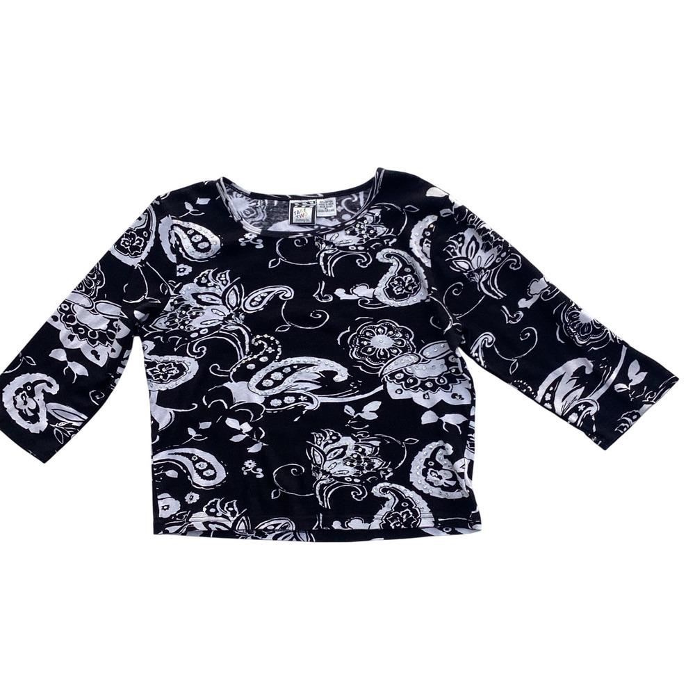 Take Two Clothing Co Black White Paisley Sequin Cotton Top 3/4 Sleeve PL